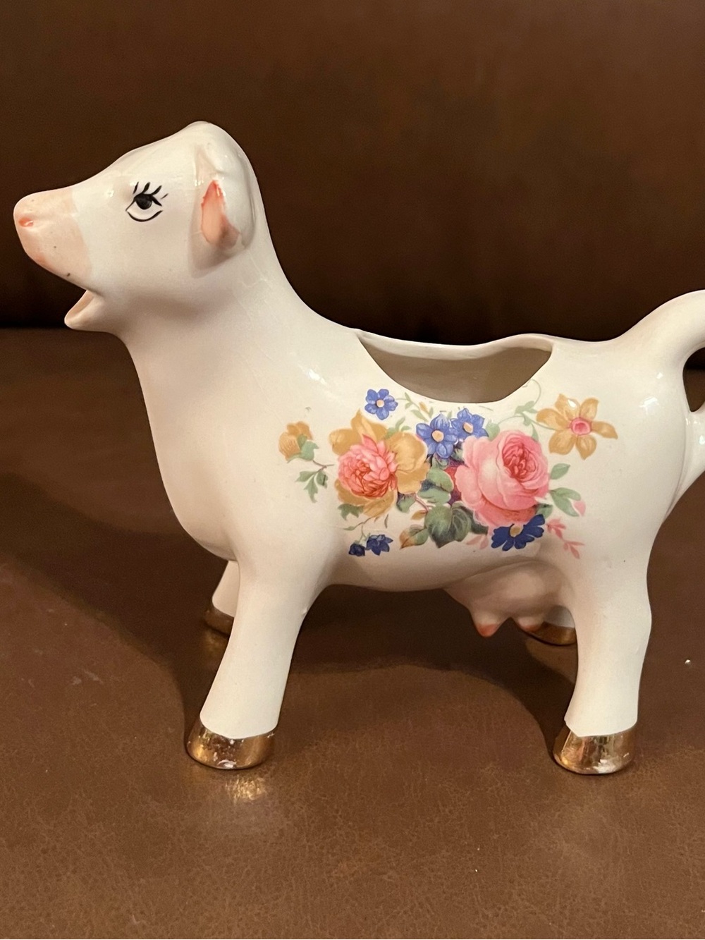 Vintage Floral Cow Creamer w/ Gold Hoofs